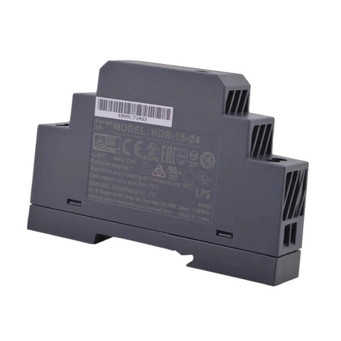 Ultra Slim DIN Rail Power Supply 24V 15W Compact Cabinet Adapter showing back view with labels and ventilation slots.