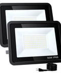 Two Hella Bright 50W LED Flood Lights Outdoor 5000 Lumens IP66 Waterproof Plug In Security Floodlights 6000K with cables