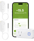 WiFi Refrigerator Thermometer With Freezer Alarm and Remote Temperature Monitoring Dope App Alerts Email Buzzer Power Outage Alerts Pass Through Outlet Hub Two Sensors Ultra Flat Probe for Home Kitchen, two sensors and hub shown