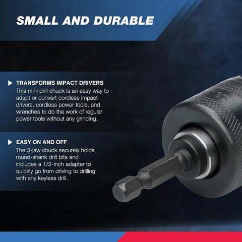 3/8 Inch Pro Grade Drill Chuck Adapter For Impact Drivers With 1/4 Inch Quick Change Shank Includes 1/2 Inch Adapter
