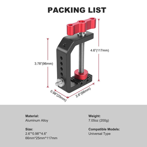 Built Like A Tank Aluminum Desk Camera Mount With Wide C Clamp Heavy Duty Table Rig for DSLRs, 4.6 inches tall.