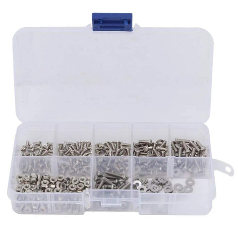 Open case displaying 360-Piece M2.5 Hex Screw Bolt Nut Washer Set, Corrosion Resistant Stainless Steel Fasteners Kit With Organized Storage Box.