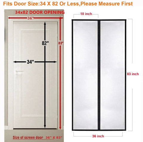 Magnetic Screen Door With Full Frame Seal And Weighted Bottom Fits 34x82 shown with dimensions and door opening specs