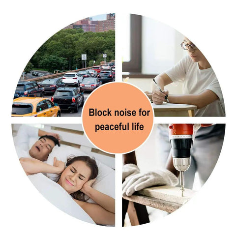 Bulk Foam Ear Plugs 500 Pairs With 32 dB Noise Reduction shown reducing noise in traffic, study, sleep, and construction scenarios.