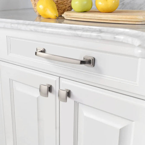 10 Pack Brushed Satin Nickel Cabinet Knobs And Pulls Set - 1-1/8 Inch Single Hole Square Drawer Handles on white cabinets ZH0011