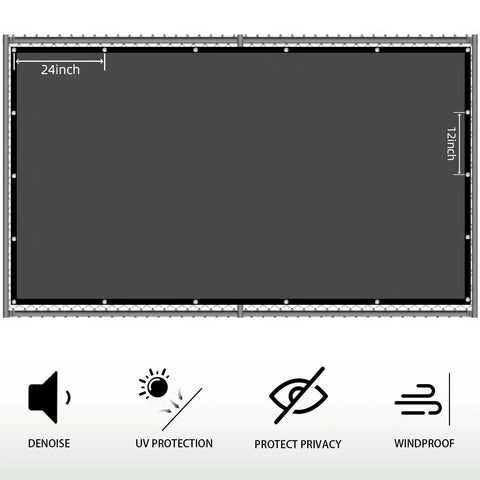 Privacy Fence Screen 6 Ft By 50 Ft Dark Green HDPE Mesh Shade Net with dimensions and icons for noise reduction and privacy.