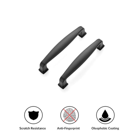 Image of 2 matte black cabinet pulls from 20 Pack Solid Matte Black Cabinet Pulls For Kitchen Cabinets And Drawers Center To Center 3-3/4 Inch, showing scratch resistance, anti-fingerprint, and oleophobic coating.