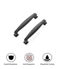 Fifteen Pack Solid Matte Black Cabinet Handles Three And Three Quarters Inch Center Drawer Pulls For Kitchen Cabinets Durable Metal Hardware With Clean Modern Look, showing scratch resistance and anti-fingerprint features.