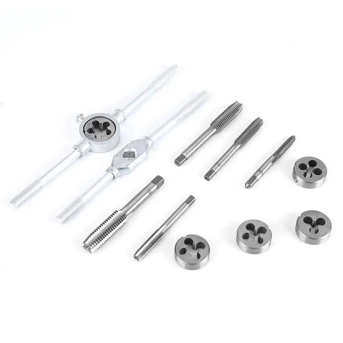Heavy Duty M6 To M12 Metric Hand Tap And Die Set With Adjustable Wrench Handle For Auto Repair And Machinist Jobs, Premium 45 Steel Tool Kit To Fix Stripped Threads Fast, taps and dies laid out