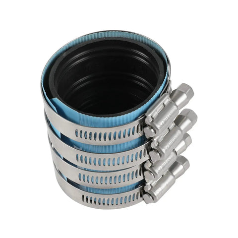 Two Inch No Hub Coupling Heavy Duty With Blue Shield For Quick Size Identification Stainless Steel Body And One Piece Elastomer Gasket
