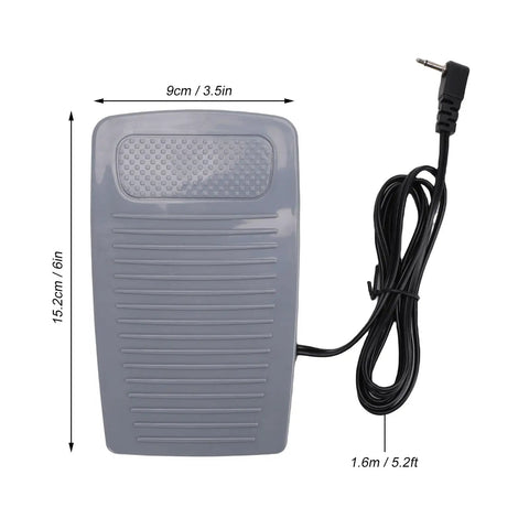Top Shelf Foot Controller Pedal For Home Sewing Machines With Attached Cord Dead Even Speed Control Compatible With Eversewn Singer Huskystar Models Ironclad Replacement Piece, gray pedal with cord, dimensions shown.