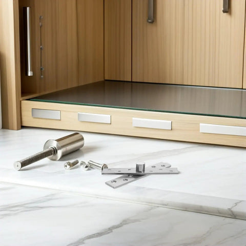 Built Tough Hidden Door Hinge Kit With Six Stainless Steel Pivot Hinges on marble surface, wooden cabinet backdrop
