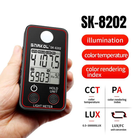 Pro Grade Color Temperature Tester And Illuminance Meter With Ultra Precise 0.5 To 300000 Lux Range LED Illumination Test Meter For Photography And Video Photometric Luminance Measurement Device, SK-8202 handheld black