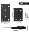 Eight Piece Black Metal Flat Mending Plates Set With 40 Screws And Screwdriver For Wood Shelves And Furniture Stainless Steel Corner Braces Durable Thick Plates With Smooth Edges For Easy Installation, showing two plate sizes, screws, and a screwdriver with dimensions.