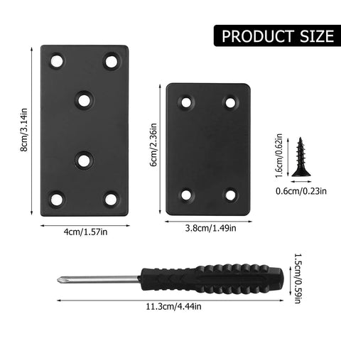 Eight Piece Black Metal Flat Mending Plates Set With 40 Screws And Screwdriver For Wood Shelves And Furniture Stainless Steel Corner Braces Durable Thick Plates With Smooth Edges For Easy Installation, showing two plate sizes, screws, and a screwdriver with dimensions.