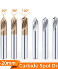 Six carbide spot drill bits with gold-tipped carbide tips and silver shafts, displaying 60°, 90°, and 120° angles