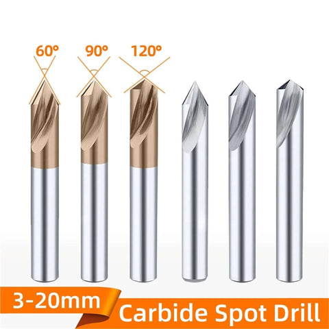 6 carbide spot drill bits in bronze and silver finishes, 3–20 mm range, front view.