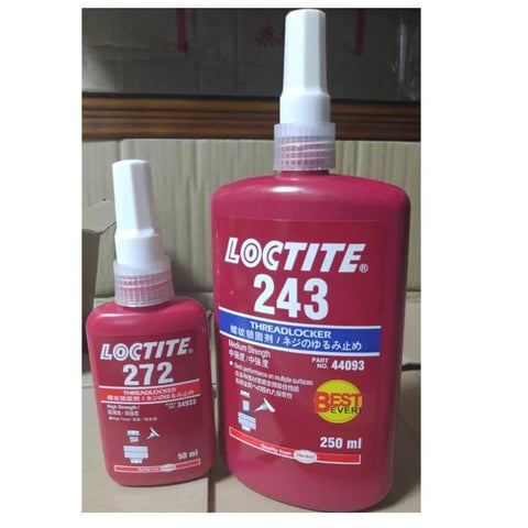 Two bottles of LOCTITE threadlocker, one 250 mL and one 50 mL, used for securing metal nuts and bolts, preventing vibration loosening.