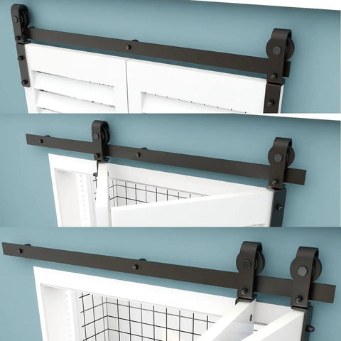 Close-up of Heavy Duty 4ft Barn Door Track Kit For Two Doors With Aluminum Rail And Carbon Steel Rollers installed on white doors.