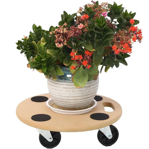 Heavy Duty 15 Inch Wooden Furniture Dolly With Wheels 500 Lb Capacity Rolling Furniture Mover Cart With Non Slip Pads holding a plant pot