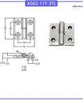 Removable hinge XG02-177-3TL, 304 stainless steel, two mounting plates with four screw holes, front view
