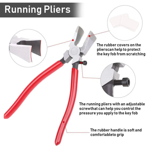 Red-handled pliers from 40 Piece 1 Inch Key Fob Hardware Set With Pliers For Wristlets Lanyards And Key Chains Making Supplies In Four Colors For DIY Keychain Projects Great For Crafting And Gift Giving