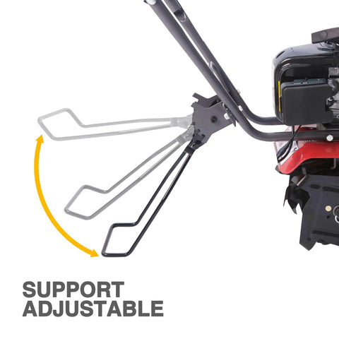 Adjustable support handle of 40Cc Gas Powered Tiller With Adjustable 4 Steel Tines, 6 To 12 Inch Width, Compact Lightweight Rototiller