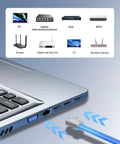 Shielded Cat6 RJ45 connectors with modular plugs for solid or stranded Ethernet cable FTP STP shown connected to a laptop