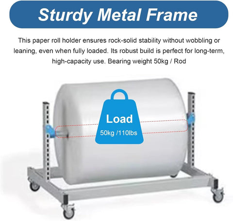 Heavy Duty Rolling Wrapping Paper Holder And Bubble Wrap Dispenser With Integrated Cutter and Smooth 360 Degree Swivel Casters plus Lockable Wheels for Rock Solid Stability to Make Packin a Total Breeze in the Workspace, showcasing sturdy metal frame capable of supporting up to 50kg.