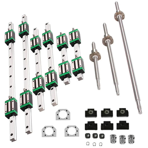 Heavy Duty Linear Rail Kit With Four Carriages On HGR20 System, SFU1605 Ballscrew, 400mm 700mm Or 1000mm Lengths, BKBF12 End Support, Nut Housing And Coupling For Smooth CNC Motion And DIY Precision, rail kit parts laid out