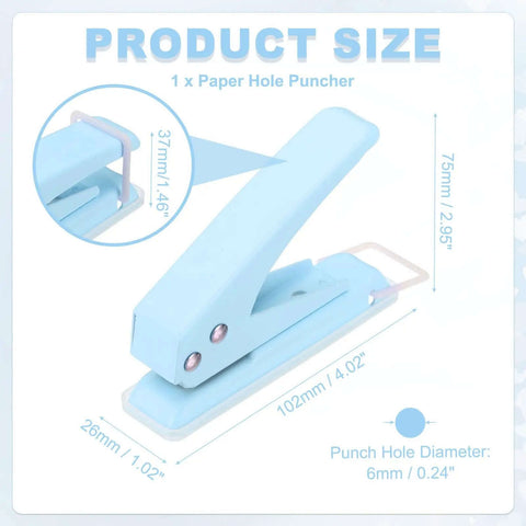1/4 Inch Hole Punch Handheld Heavy Duty Paper Puncher With Grab And Go 20 Sheet Capacity Ergonomic Grip, size details displayed