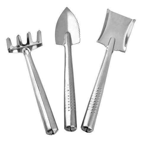 Three Piece Mini Garden Tools Set Stainless Steel Triangle Shovel Square Transplant Spade And Hand Rake Lightweight For Loose Soil