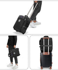 Underseat Rolling Duffle Bag 18x14x8 Inches Personal Item, black, durable build, smooth wheels, carried and stacked on luggage.