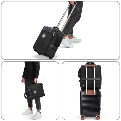 Underseat Rolling Duffle Bag 18x14x8 Inches Personal Item, black, durable build, smooth wheels, carried and stacked on luggage.