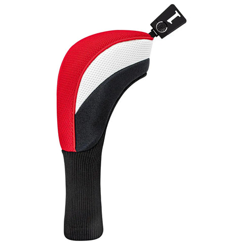 Red and black driver cover from Five Piece Golf Head Cover Set For Driver Fairways And Hybrids With Long Neck Mesh Interchangeable Number Tags 3.