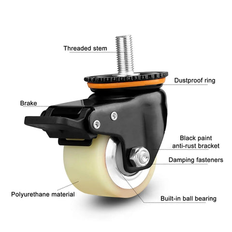 Beast Mode Heavy Duty Caster Wheels Set With M Threaded Stem And Top Plate Swivel Ultra Quiet Polyurethane Wheel close-up