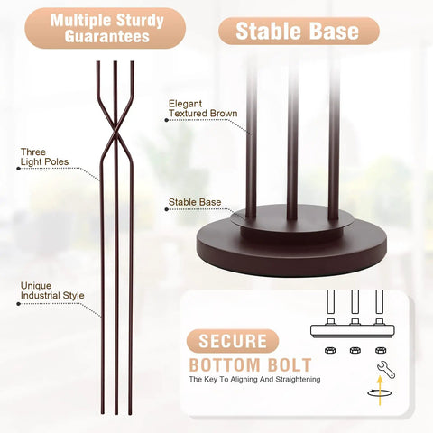 Industrial Farmhouse Floor Lamp With Double Drum Shade 65 Inch Tall Rustic Bronze base and three light pole structure