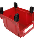 Mount These Red Heavy Duty Stackable Wall Storage Bins For Garage Organizer Plastic Tool Caddies Built Super Durable For Shop Warehouse And Home Organization Flex, showing a red plastic storage bin with black clips.