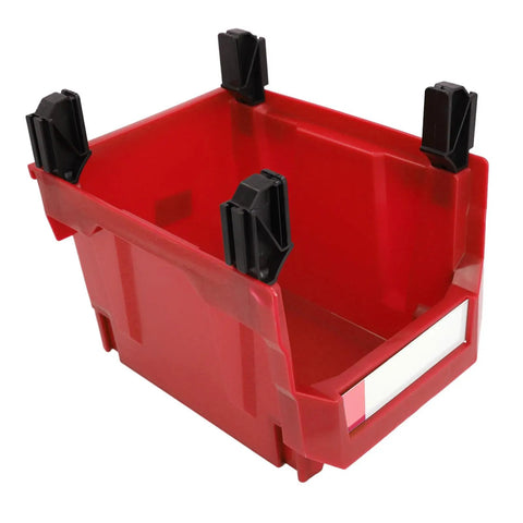 Mount These Red Heavy Duty Stackable Wall Storage Bins For Garage Organizer Plastic Tool Caddies Built Super Durable For Shop Warehouse And Home Organization Flex, showing a red plastic storage bin with black clips.
