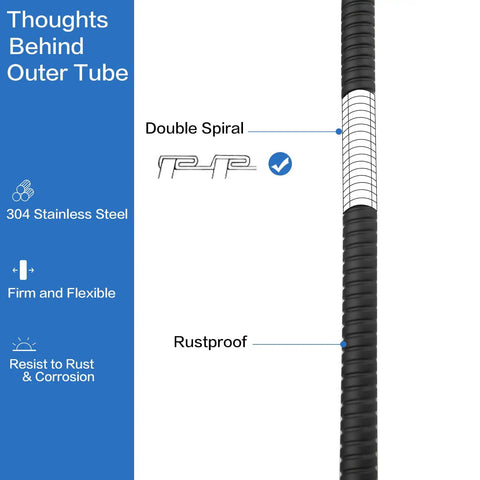 Close-up of Extra Long Matte Black Stainless Steel Shower Hose Extension with double spiral rustproof features, 118 inch length.