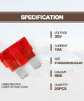 20 Pack 10 Amp Mini Blade Auto Fuses Ato Apr Ats 32 Volt Red Replacement Kit with clear specs and red color detail.