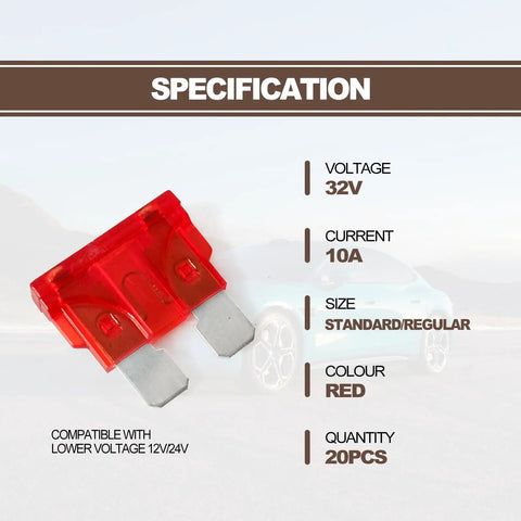 20 Pack 10 Amp Mini Blade Auto Fuses Ato Apr Ats 32 Volt Red Replacement Kit with clear specs and red color detail.