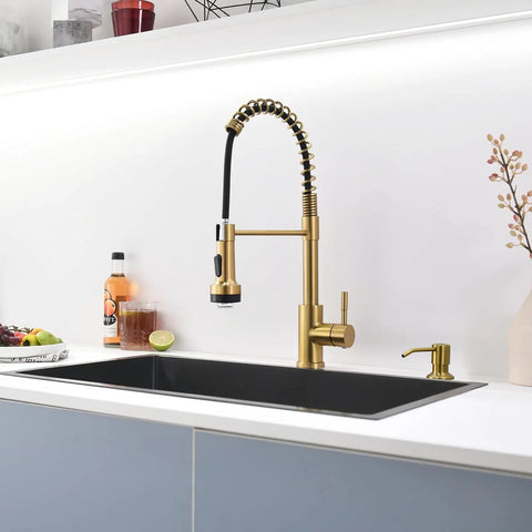 Gold Kitchen Faucet With Soap Dispenser And Pull Down Sprayer, Three Color LED Temperature Light on white countertop