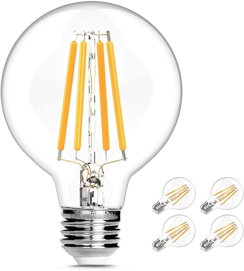 Dimmable G25 LED Globe Bulbs, 100W Equivalent, shown with filament design, 1200 Lumens, 10W, E26 Base Vanity Lighting, 4 Pack