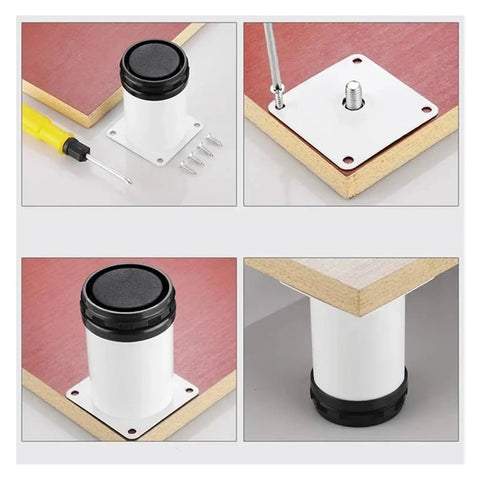 Adjustable Furniture Feet 4 Pack 50mm To 250mm White Stainless Steel Replacement Feet installed on wood surface
