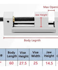 Premium Steel Precision Milling Machine Vise For Inspection And Grinding Operations Featuring Constant Clamping Stability To Reduce Part Processing Time With High Efficiency 25mm Jaw Capacity At.005mm Accuracy diagram with dimensions.