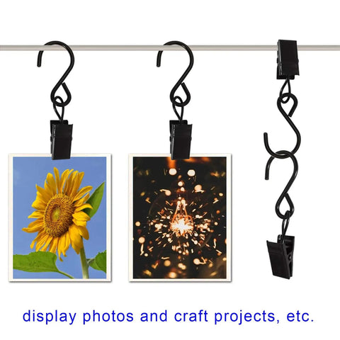 Stainless Steel S Hooks Curtain Clips 50 Pack For String Lights Photo Displays And Gutter Hangers with photos hung on them
