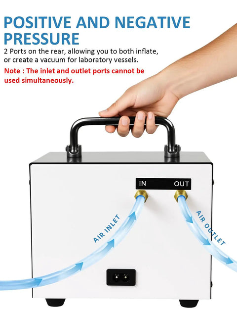 Back view of Oil Free Diaphragm Vacuum Pump For Labs Pro Grade Ultra Quiet Operation with dual pressure ports and handle.