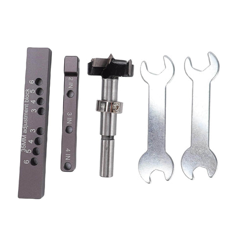 Components of Concealed Hinge Jig With Precision Drill Guide And Adjustable Depth Quick Clamp For Cabinet Doors