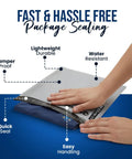Front view of Bulk 200 Pack 10x13 Poly Mailers Self Seal Waterproof Bags For Shipping Clothes Books And Accessories Easy Tear Free Closure Weather Resistant Packaging For Your Small Biz, with hands sealing a bag.